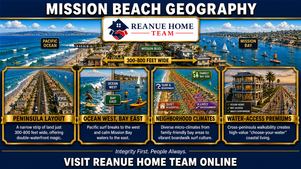 A real estate geography infographic titled Mission Beach Geography showing a narrow coastal strip between the Pacific Ocean and Mission Bay with four descriptive panels covering Peninsula Layout Ocean West Bay East Neighborhood Climates and Water Access Premiums
