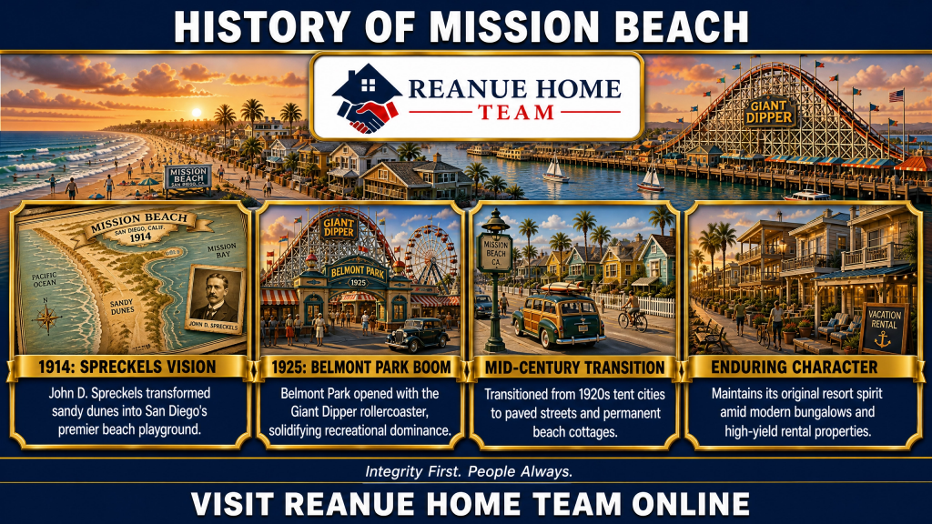 A vintage styled history infographic titled History of Mission Beach showing a historic timeline with four panels including Nineteen Fourteen Spreckels Vision Nineteen Twenty Five Belmont Park Boom Mid Century Transition and Enduring Character showing old maps woodie cars and bungalows