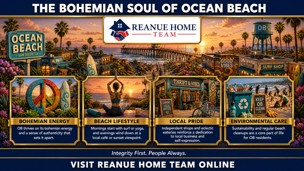 A cultural community infographic titled The Bohemian Soul of Ocean Beach with a sunset pier backdrop and four gold panels highlighting Bohemian Energy Beach Lifestyle Local Pride and Environmental Care illustrating a peace sign yoga thrift shop and beach cleanup