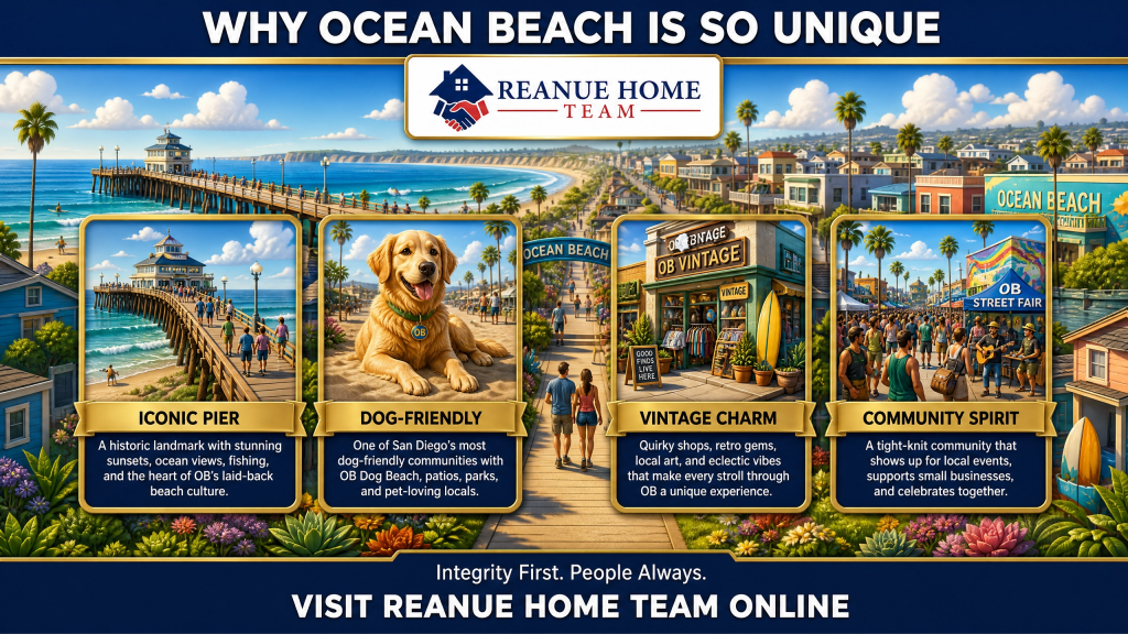 A coastal real estate infographic titled Why Ocean Beach Is So Unique showing a beach boardwalk pathway with four iconic community panels detailing its Iconic Pier Dog Friendly beaches Vintage Charm shops and close knit Community Spirit