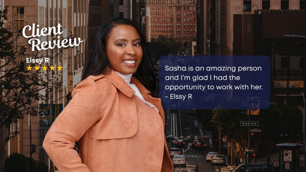 A real estate client testimonial graphic titled Client Review featuring professional Sasha in a peach suede coat next to a five star rating and a text testimonial from Elssy R against a blurred downtown street background