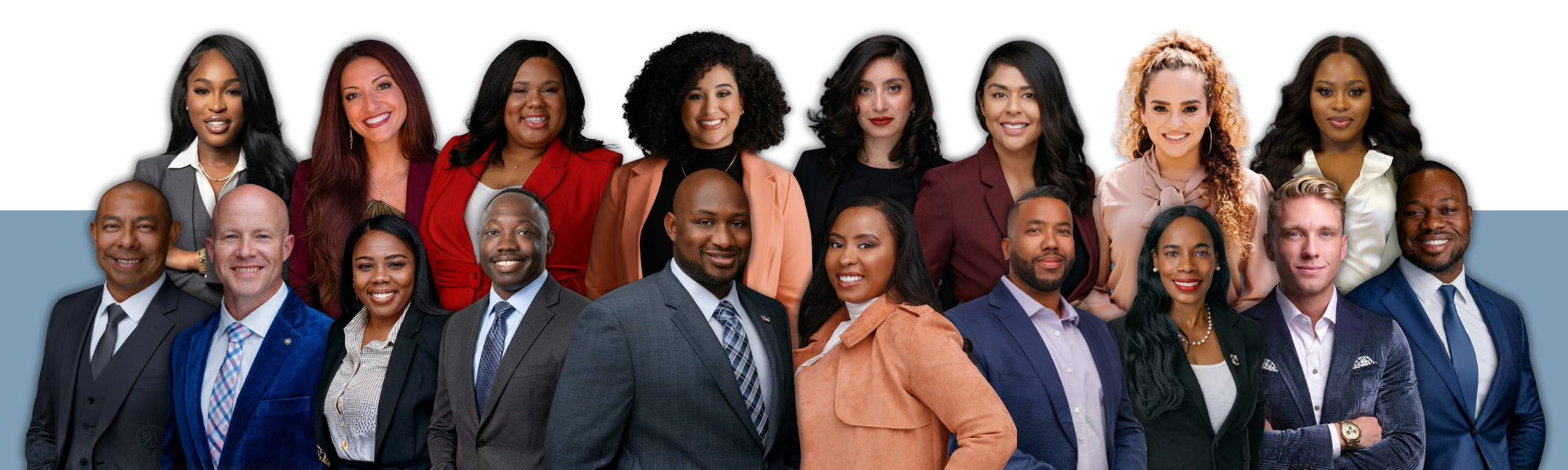 A wide panoramic group portrait banner showing sixteen professional real estate agents from the Reanue Home Team dressed in business attire including suits blazers and dresses smiling confidently against a minimal white and light blue split background