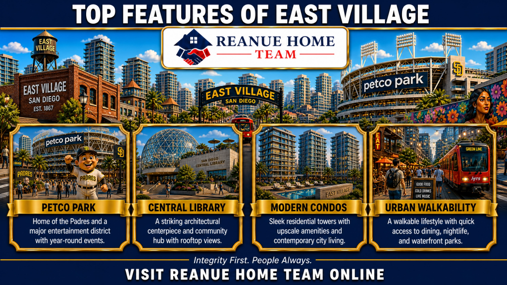 A dark blue marketing graphic titled Top Features of East Village highlighting key attractions including Petco Park home of the Padres the striking architectural San Diego Central Library modern condos with upscale amenities and urban walkability next to a moving MTS green line trolley