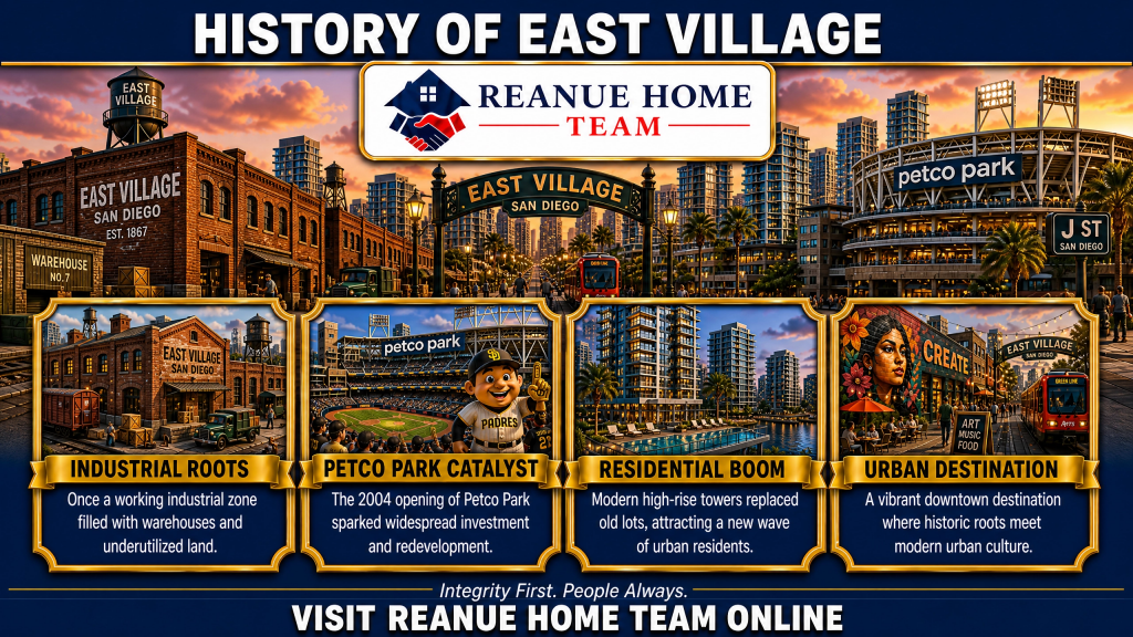 A dark blue history infographic titled History of East Village by Reanue Home Team showing the evolution from its industrial roots in 1867 with brick warehouses to the 2004 Petco Park opening as a catalyst a modern residential boom with high rise condos and its status as a vibrant urban destination
