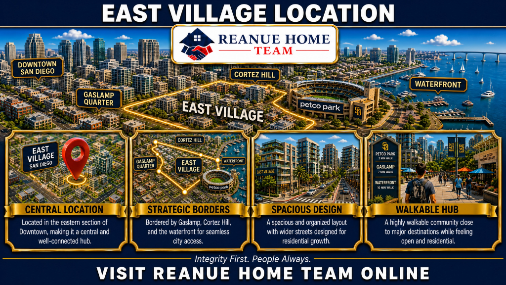 A real estate infographic titled East Village Location by Reanue Home Team featuring a 3D digital map of downtown San Diego highlighting East Village borders near Gaslamp Quarter Cortez Hill and the Waterfront with four inner panels detailing central location strategic borders spacious design and a walkable hub close to Petco Park