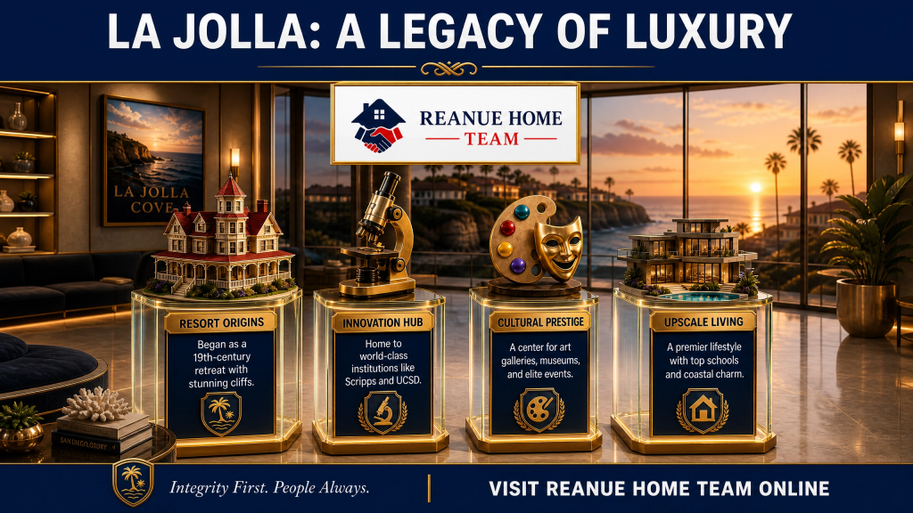 A real estate infographic titled La Jolla A Legacy Of Luxury by Reanue Home Team displaying four gold display pedestals with 3D models representing resort origins an innovation hub cultural prestige and upscale living against a luxury coastal sunset window backdrop